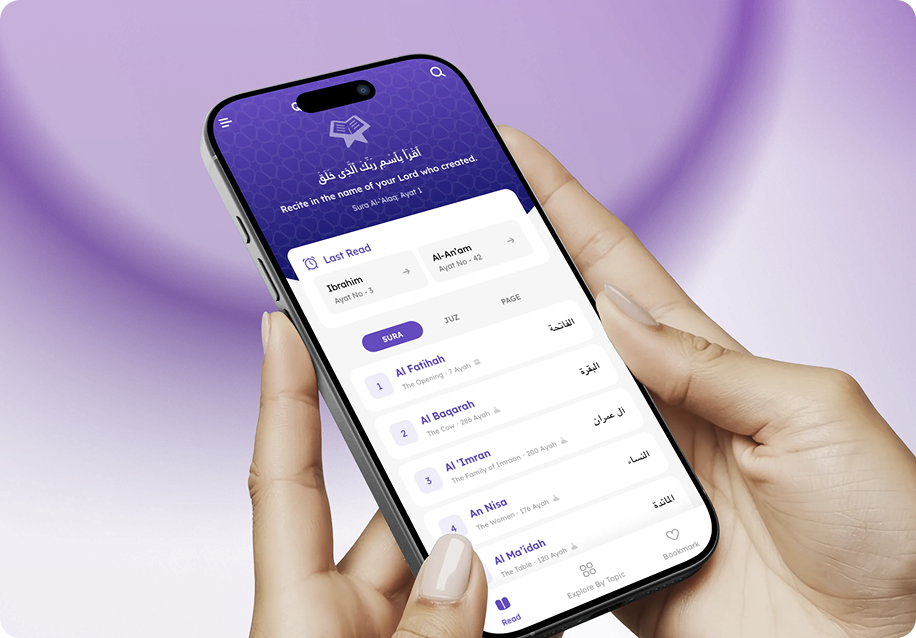 Al Quran mobile app displayed on a phone against a lavender background